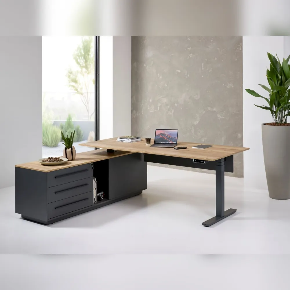 Elektrisch höhenverstellbarer Schreibtisch Orbis Desk Electric in Holz-Optik mit schwarzem Gestell, ergonomischer Schreibtisch Chefbüro, Produktbild
