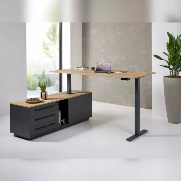 Elektrisch höhenverstellbarer Schreibtisch Orbis Desk Electric in Holz-Optik mit schwarzem Gestell, ergonomischer Schreibtisch Chefbüro, Stehend