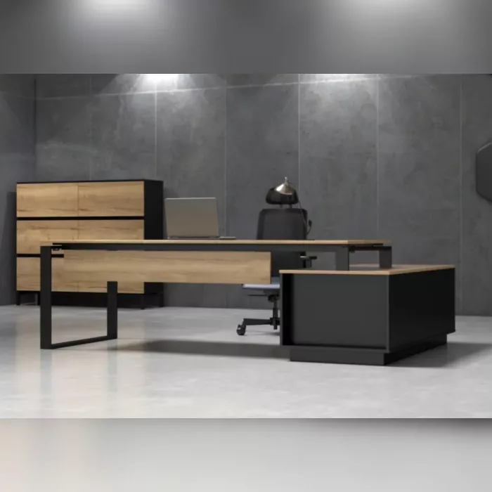 Höhenverstellbarer Schreibtisch Orbis Desk in Holz-Optik mit schwarzem Gestell, ergonomischer Schreibtisch Chefbüro, Frontansicht