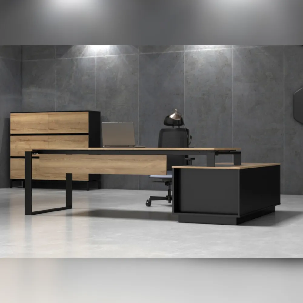schreibtisch_hoehenverstellbar_orbis_frontansicht Höhenverstellbarer Schreibtisch Orbis Desk in Holz-Optik mit schwarzem Gestell, ergonomischer Schreibtisch Chefbüro, Frontansicht