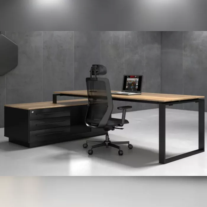 Höhenverstellbarer Schreibtisch Orbis Desk in Holz-Optik mit schwarzem Gestell, ergonomischer Schreibtisch Chefbüro, Rückansicht links