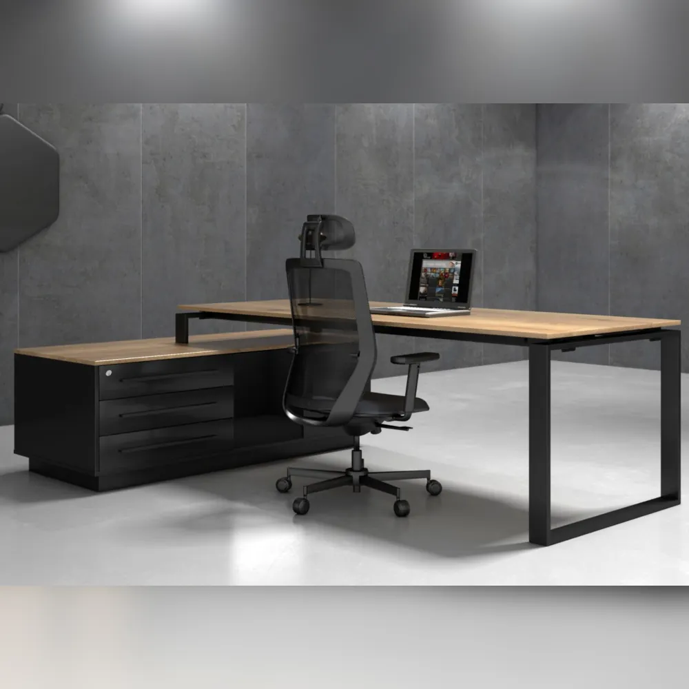 schreibtisch_hoehenverstellbar_orbis_rueckansicht Höhenverstellbarer Schreibtisch Orbis Desk in Holz-Optik mit schwarzem Gestell, ergonomischer Schreibtisch Chefbüro, Rückansicht links