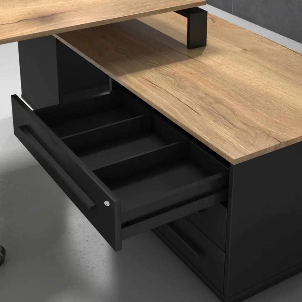 schreibtisch_orbis_schublade Höhenverstellbarer Schreibtisch Orbis Desk in Holz-Optik mit schwarzem Gestell, ergonomischer Schreibtisch Chefbüro, Schublade